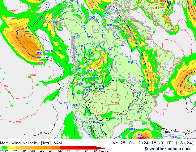 Max. wind velocity NAM We 25.09.2024 18 UTC