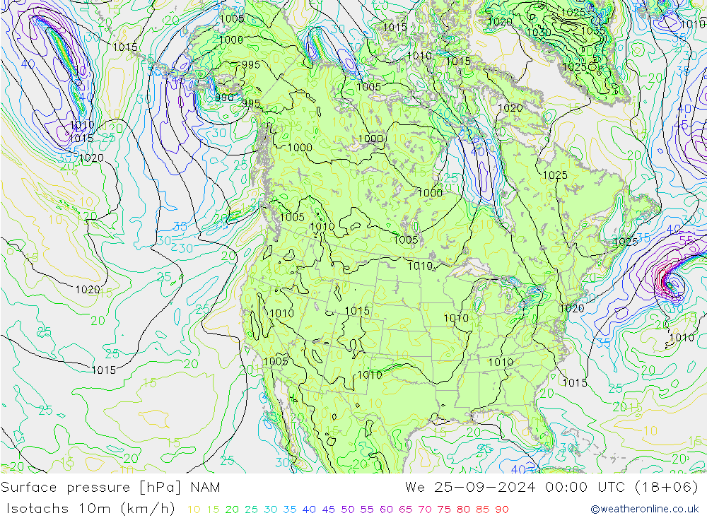 Isotachs (kph) NAM St 25.09.2024 00 UTC