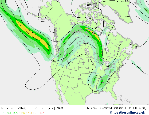 Jet stream/Height 300 hPa NAM Čt 26.09.2024 00 UTC