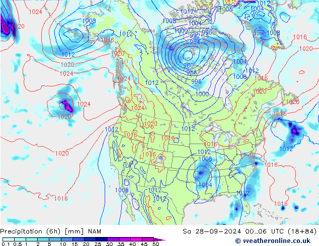 Precipitation (6h) NAM Sa 28.09.2024 06 UTC