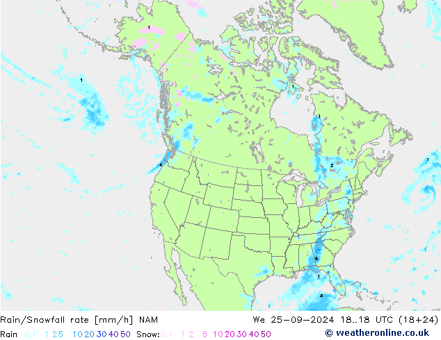 Rain/Snowfall rate NAM śro. 25.09.2024 18 UTC