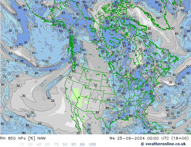 850 hPa Nispi Nem NAM Çar 25.09.2024 00 UTC