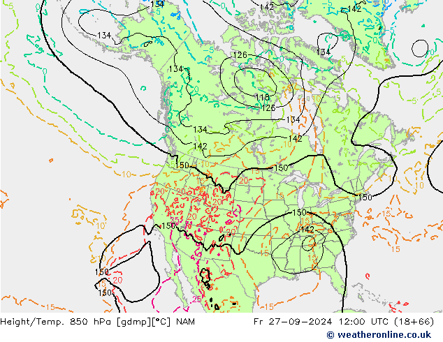 Height/Temp. 850 гПа NAM пт 27.09.2024 12 UTC