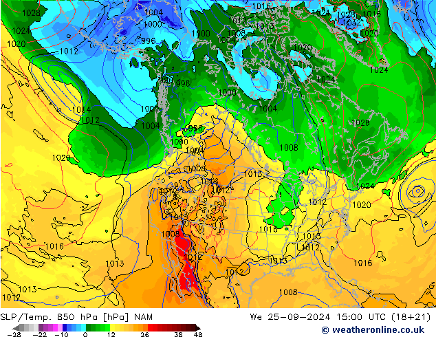 SLP/Temp. 850 hPa NAM śro. 25.09.2024 15 UTC