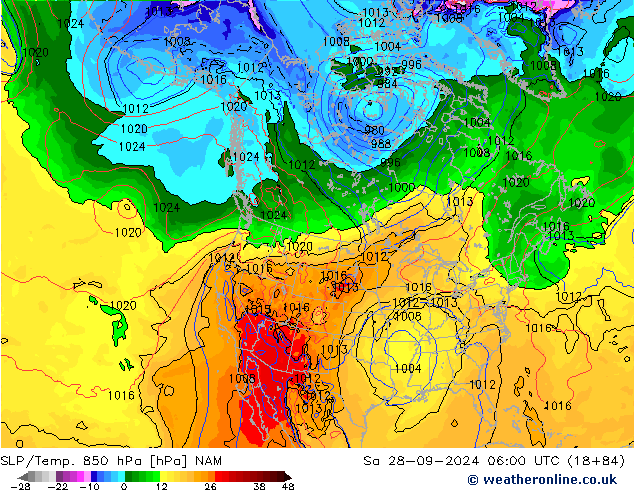 SLP/Temp. 850 hPa NAM Sáb 28.09.2024 06 UTC