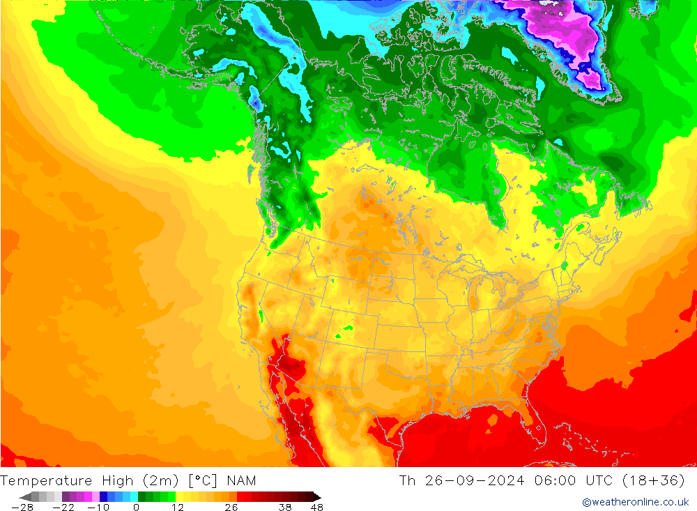 Temperature High (2m) NAM Th 26.09.2024 06 UTC