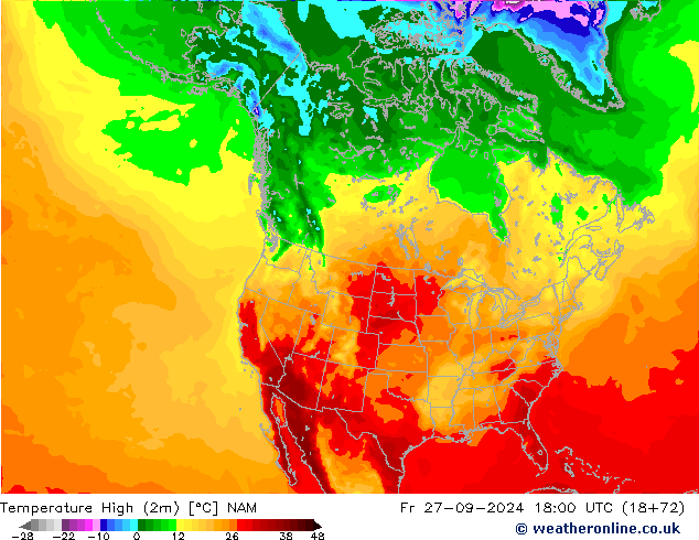 Max.temperatuur (2m) NAM vr 27.09.2024 18 UTC