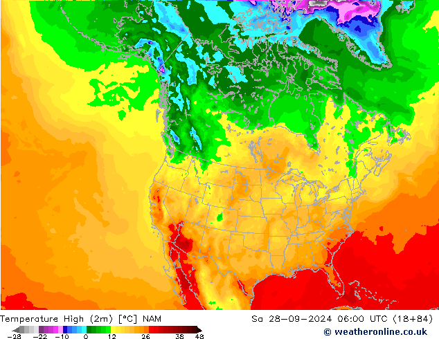 temperatura máx. (2m) NAM Sáb 28.09.2024 06 UTC