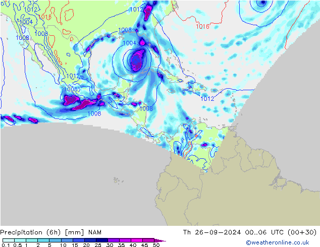 Precipitation (6h) NAM Th 26.09.2024 06 UTC