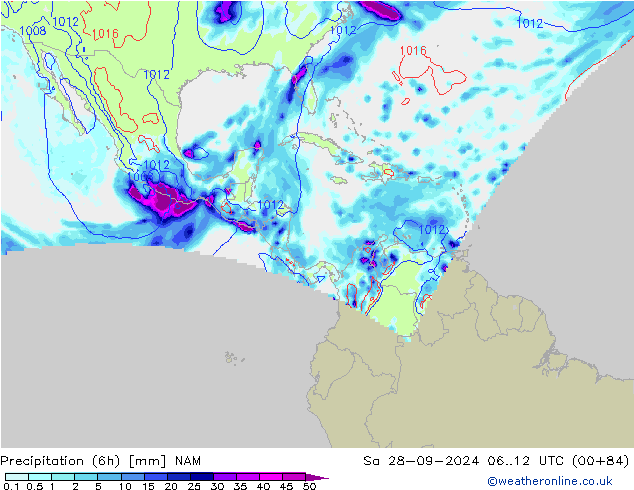 Totale neerslag (6h) NAM za 28.09.2024 12 UTC