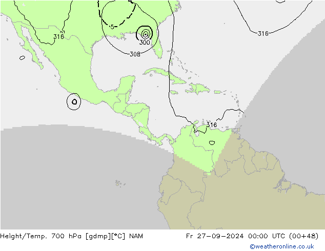 Hoogte/Temp. 700 hPa NAM vr 27.09.2024 00 UTC