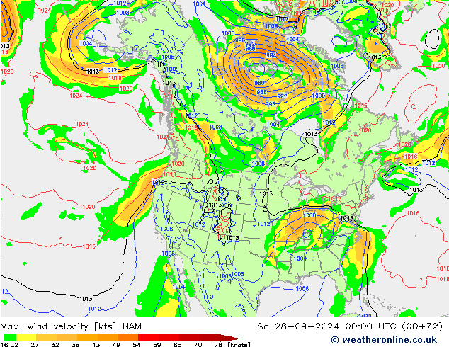 Max. wind snelheid NAM za 28.09.2024 00 UTC