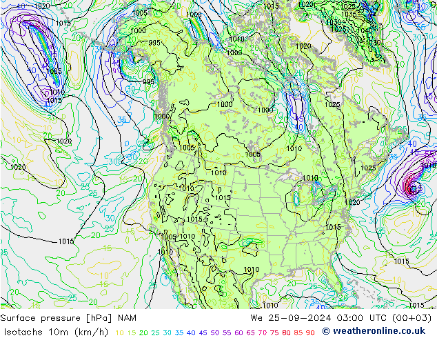 Izotacha (km/godz) NAM śro. 25.09.2024 03 UTC