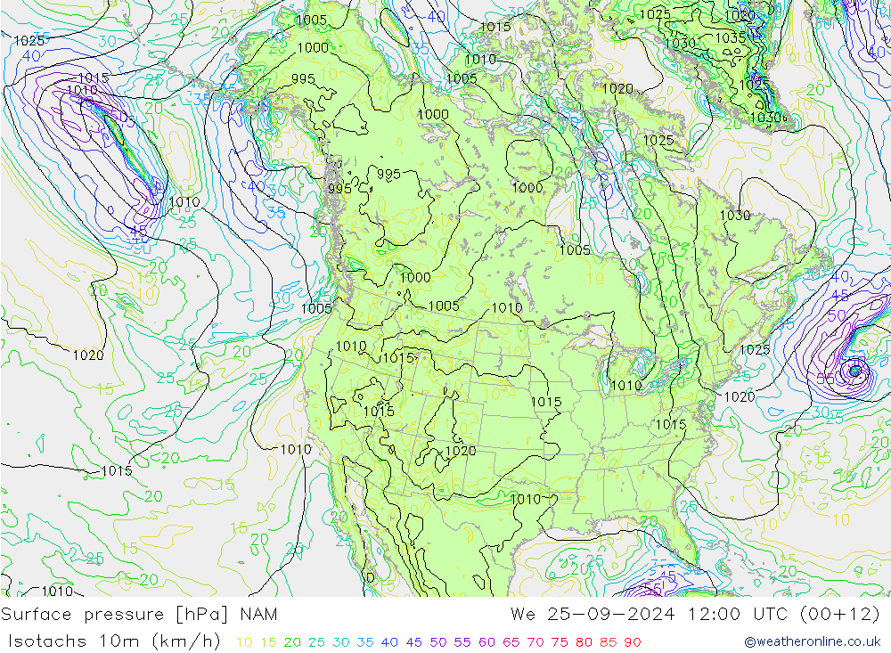 Eşrüzgar Hızları (km/sa) NAM Çar 25.09.2024 12 UTC