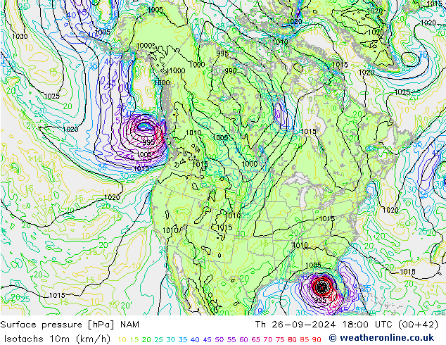 Isotachs (kph) NAM чт 26.09.2024 18 UTC