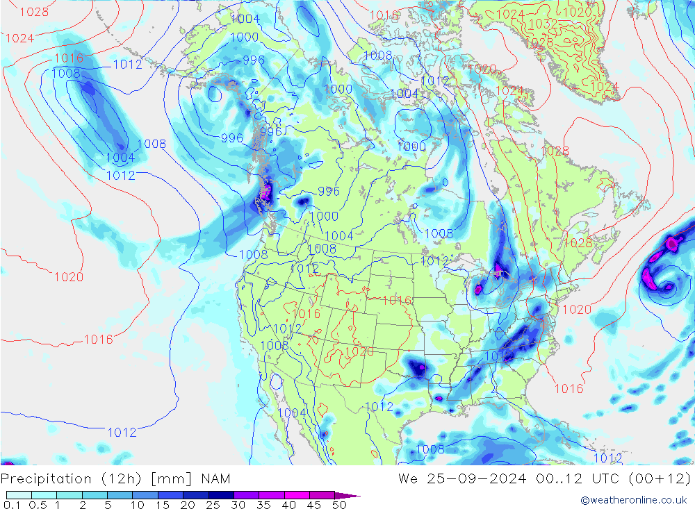 Precipitation (12h) NAM We 25.09.2024 12 UTC