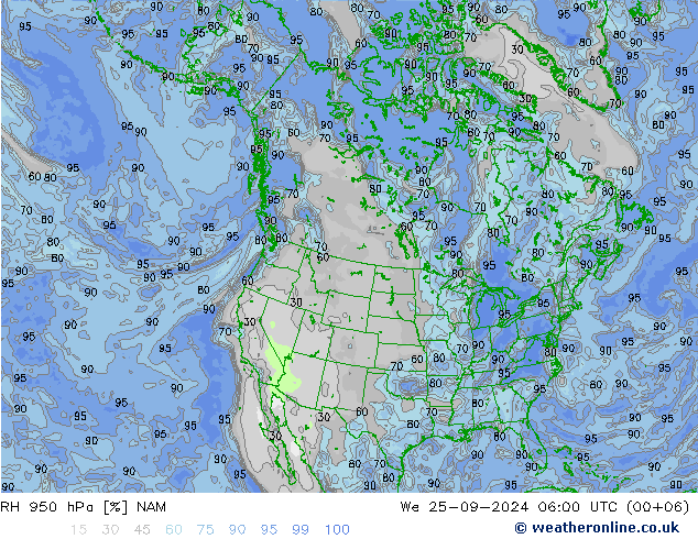 RH 950 hPa NAM śro. 25.09.2024 06 UTC