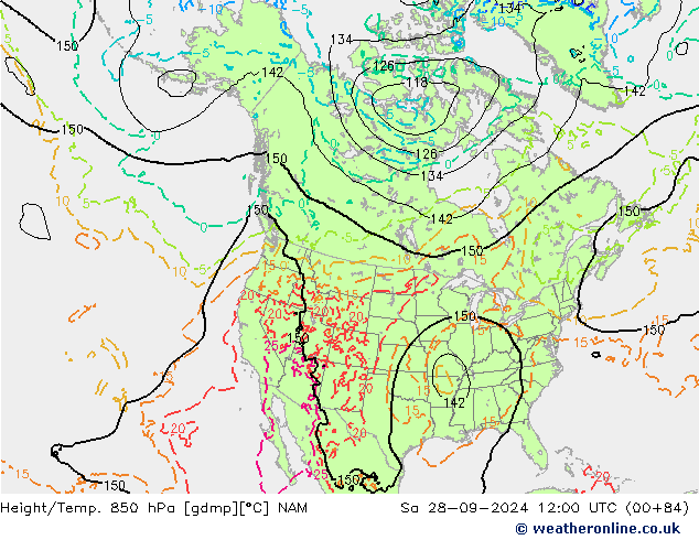 Height/Temp. 850 гПа NAM сб 28.09.2024 12 UTC