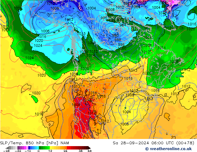 SLP/Temp. 850 hPa NAM za 28.09.2024 06 UTC