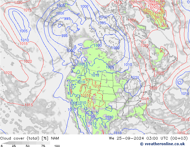 Bewolking (Totaal) NAM wo 25.09.2024 03 UTC