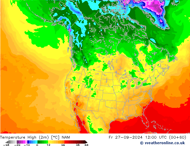 Max. Temperatura (2m) NAM pt. 27.09.2024 12 UTC