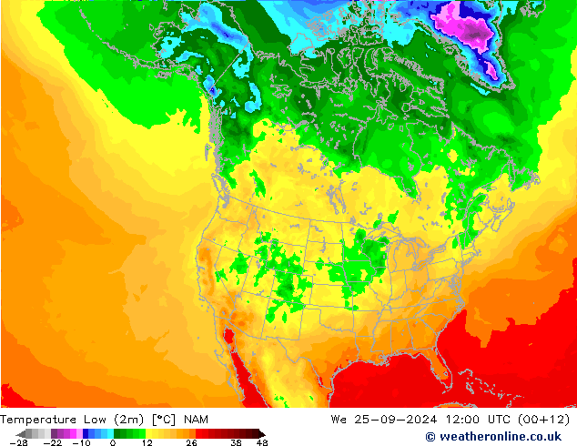 Min. Temperatura (2m) NAM śro. 25.09.2024 12 UTC