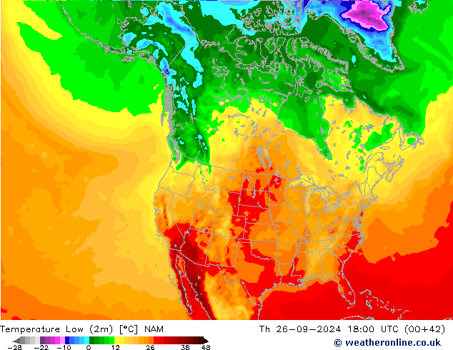 Temperatura mín. (2m) NAM jue 26.09.2024 18 UTC