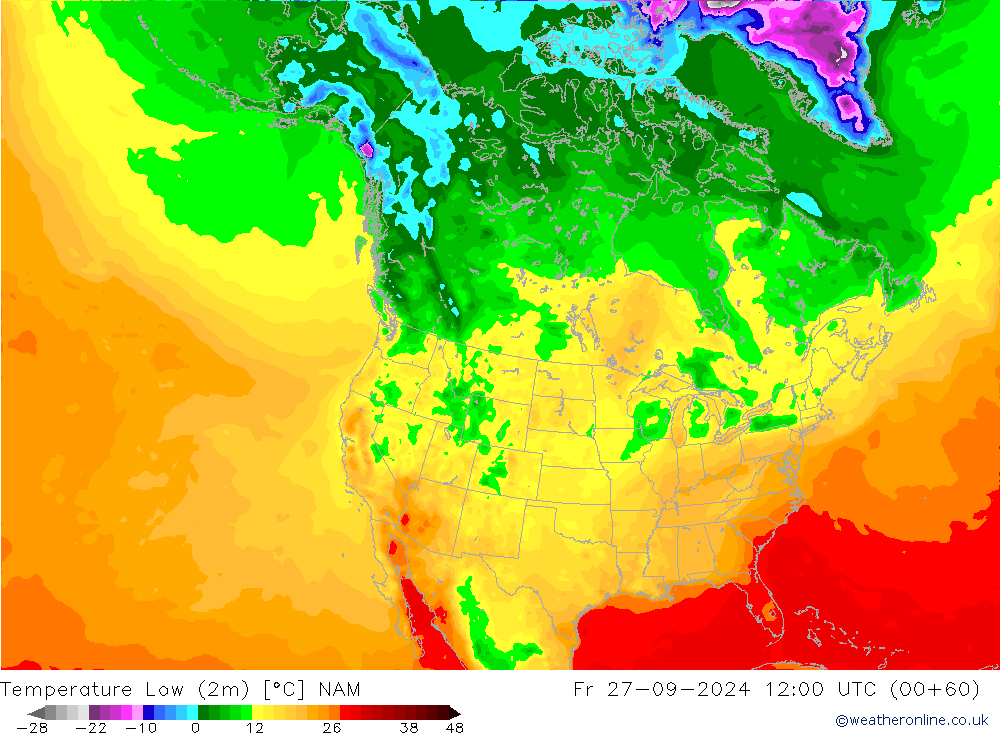 Min.temperatuur (2m) NAM vr 27.09.2024 12 UTC