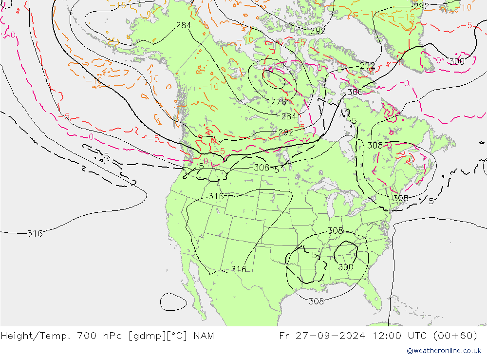 Height/Temp. 700 hPa NAM ven 27.09.2024 12 UTC