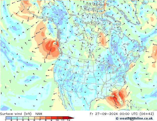 Surface wind (bft) NAM Pá 27.09.2024 00 UTC