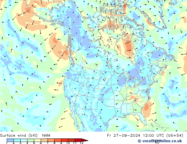 Surface wind (bft) NAM Pá 27.09.2024 12 UTC