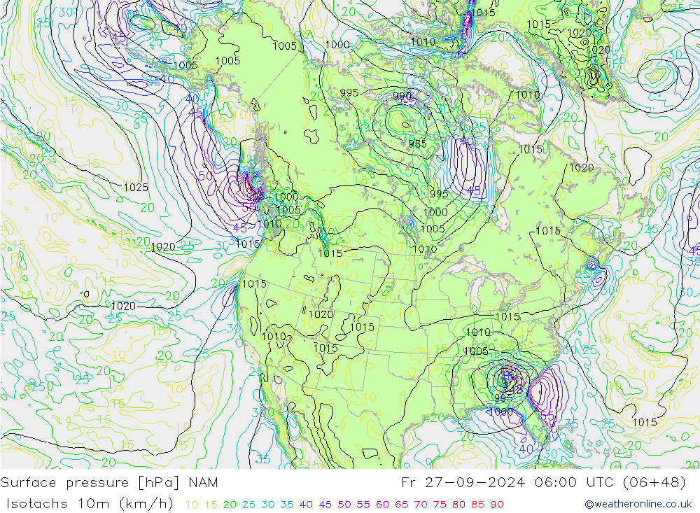 Isotachs (kph) NAM ven 27.09.2024 06 UTC