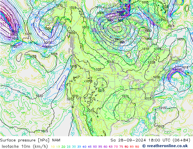 Isotachen (km/h) NAM Sa 28.09.2024 18 UTC