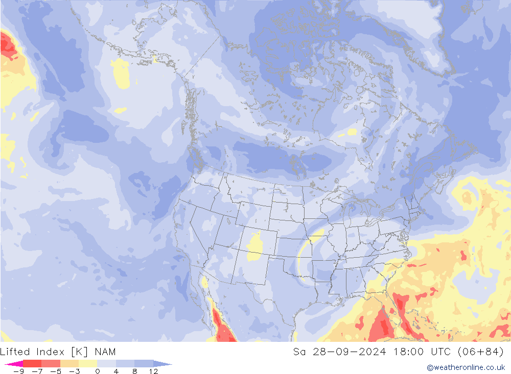 Lifted Index NAM сб 28.09.2024 18 UTC