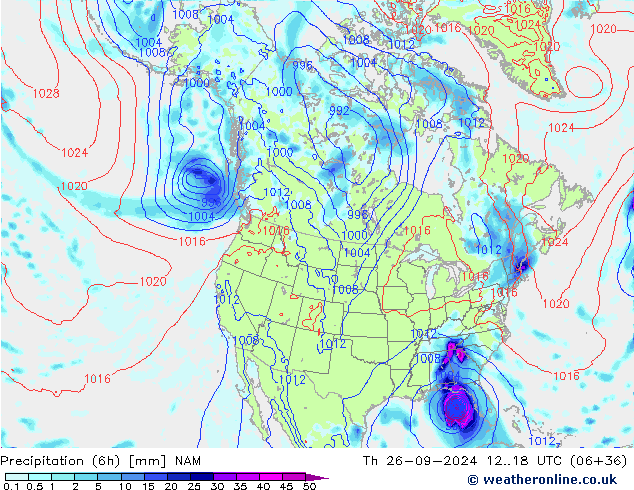 Precipitation (6h) NAM Čt 26.09.2024 18 UTC