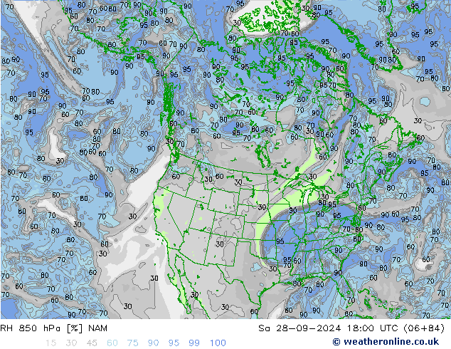 RH 850 hPa NAM So 28.09.2024 18 UTC