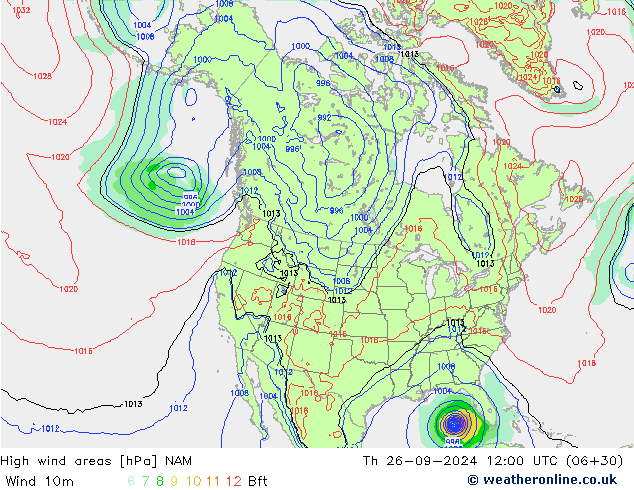 High wind areas NAM Čt 26.09.2024 12 UTC