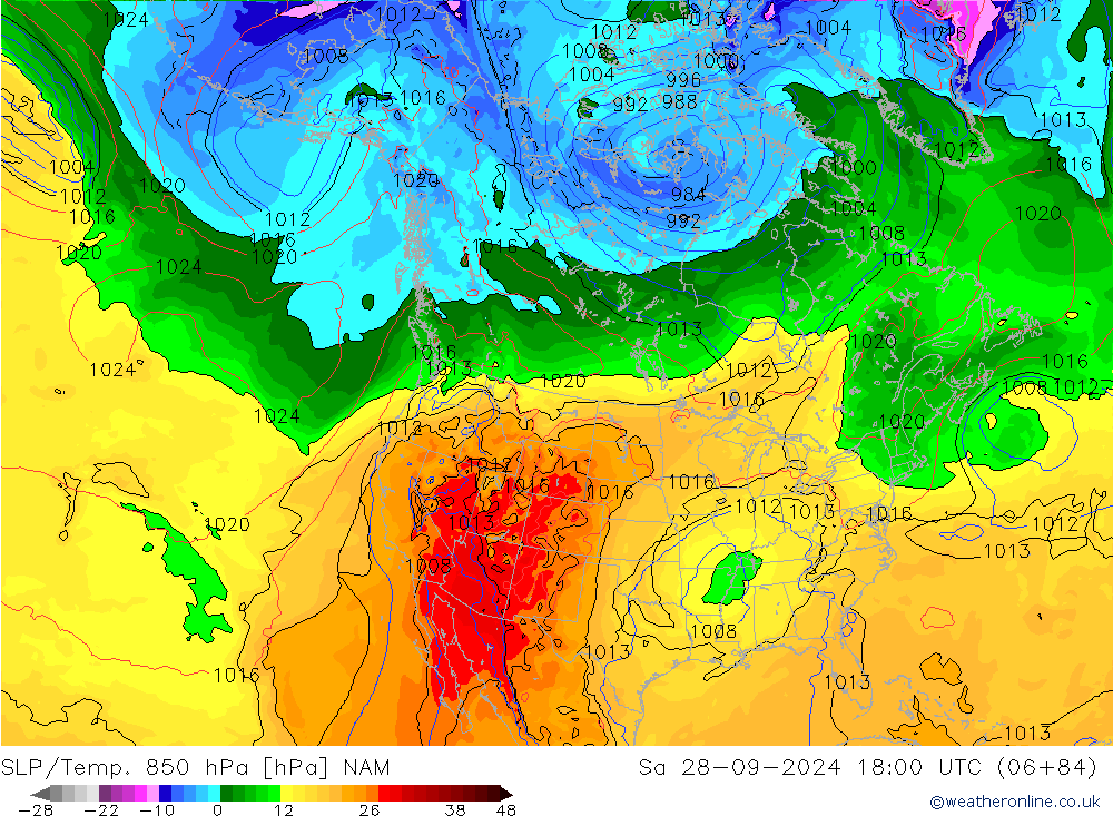 SLP/Temp. 850 hPa NAM za 28.09.2024 18 UTC