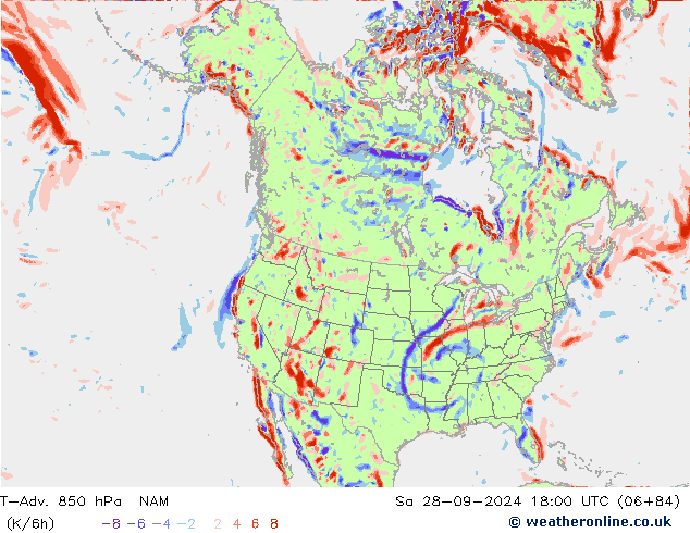 T-Adv. 850 гПа NAM сб 28.09.2024 18 UTC