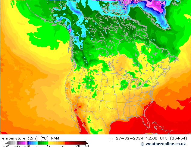 mapa temperatury (2m) NAM pt. 27.09.2024 12 UTC