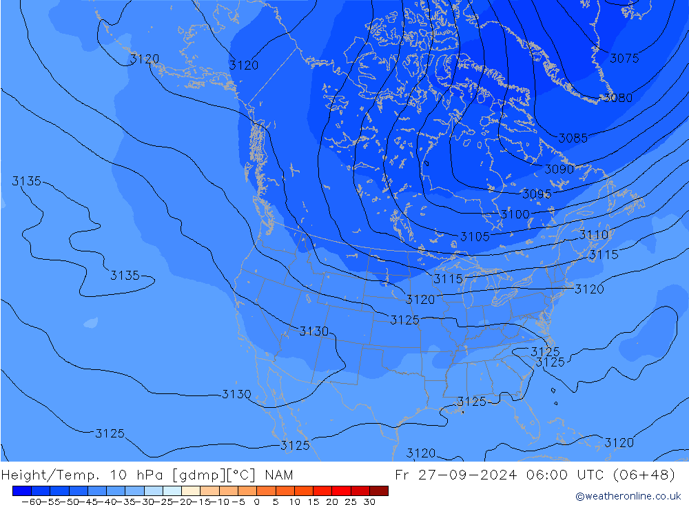 Hoogte/Temp. 10 hPa NAM vr 27.09.2024 06 UTC