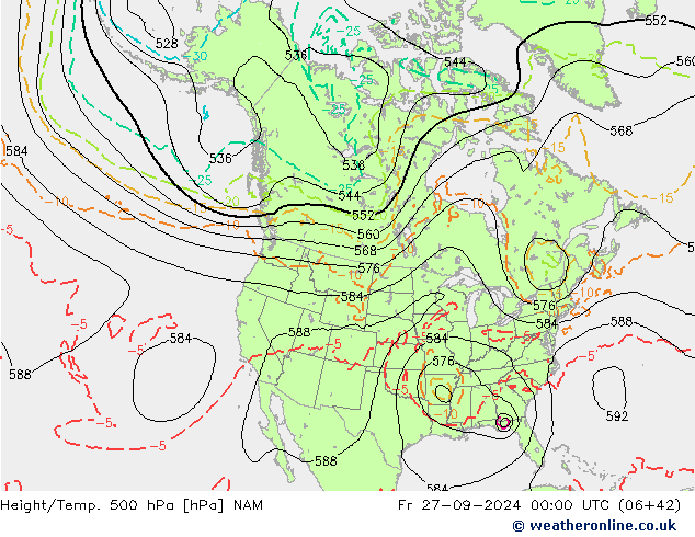 Height/Temp. 500 гПа NAM пт 27.09.2024 00 UTC