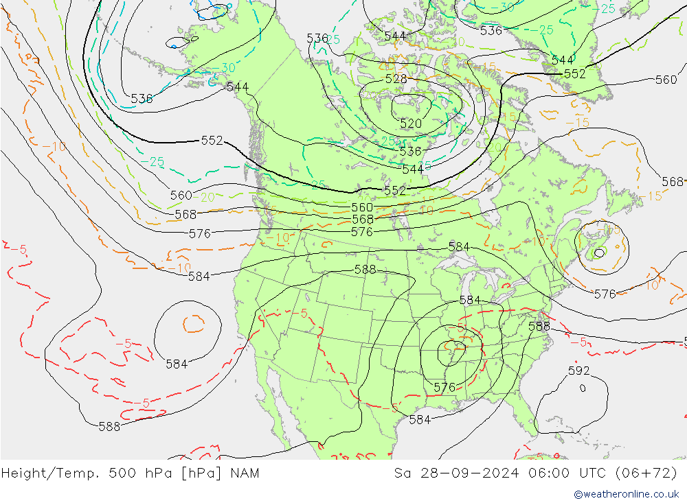 Hoogte/Temp. 500 hPa NAM za 28.09.2024 06 UTC