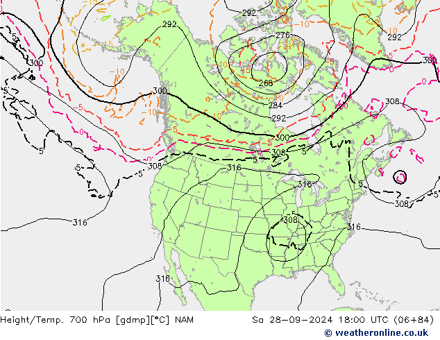 Height/Temp. 700 гПа NAM сб 28.09.2024 18 UTC