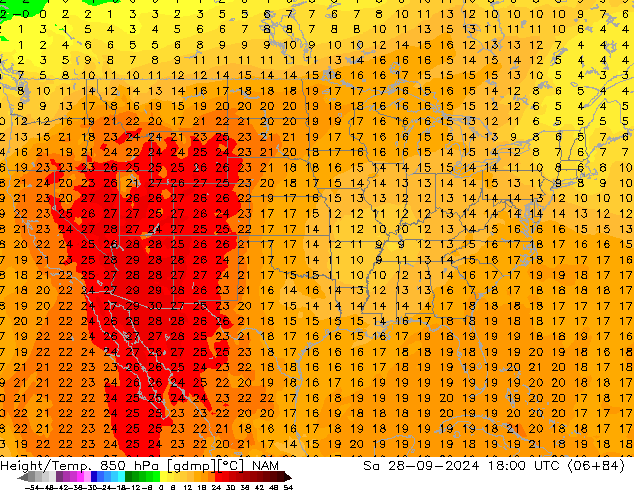 Height/Temp. 850 hPa NAM  28.09.2024 18 UTC