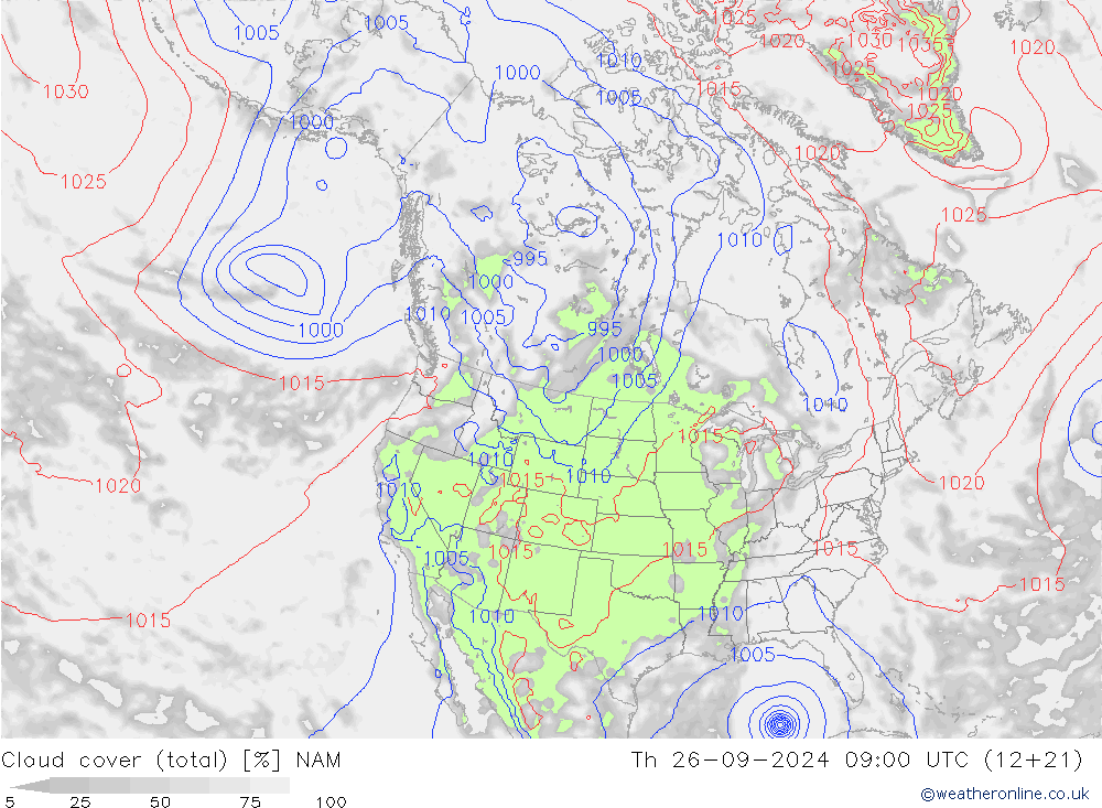 Nubi (totali) NAM gio 26.09.2024 09 UTC