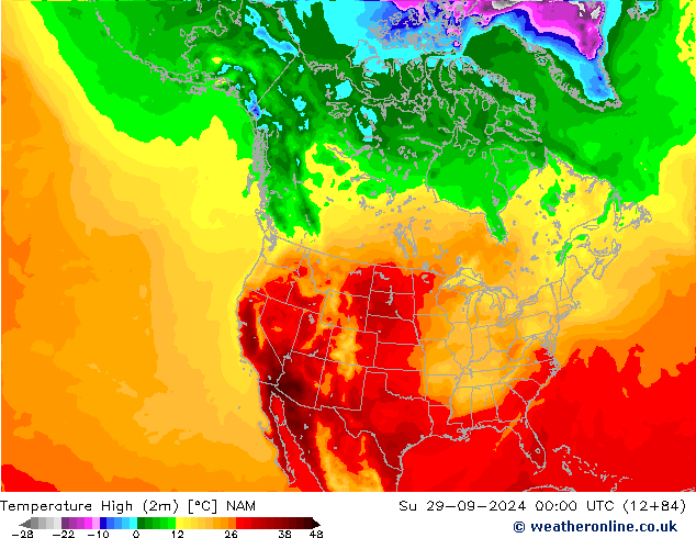 Nejvyšší teplota (2m) NAM Ne 29.09.2024 00 UTC