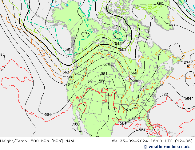 Height/Temp. 500 гПа NAM ср 25.09.2024 18 UTC