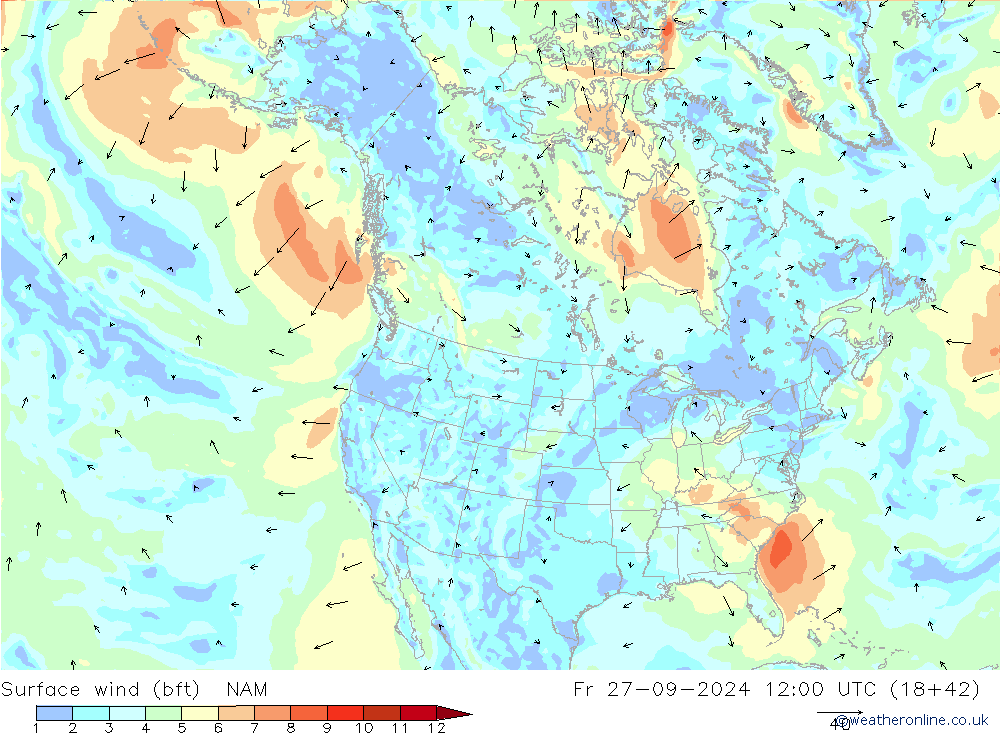 Vento 10 m (bft) NAM ven 27.09.2024 12 UTC