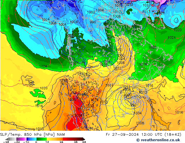 850 hPa Yer Bas./Sıc NAM Cu 27.09.2024 12 UTC